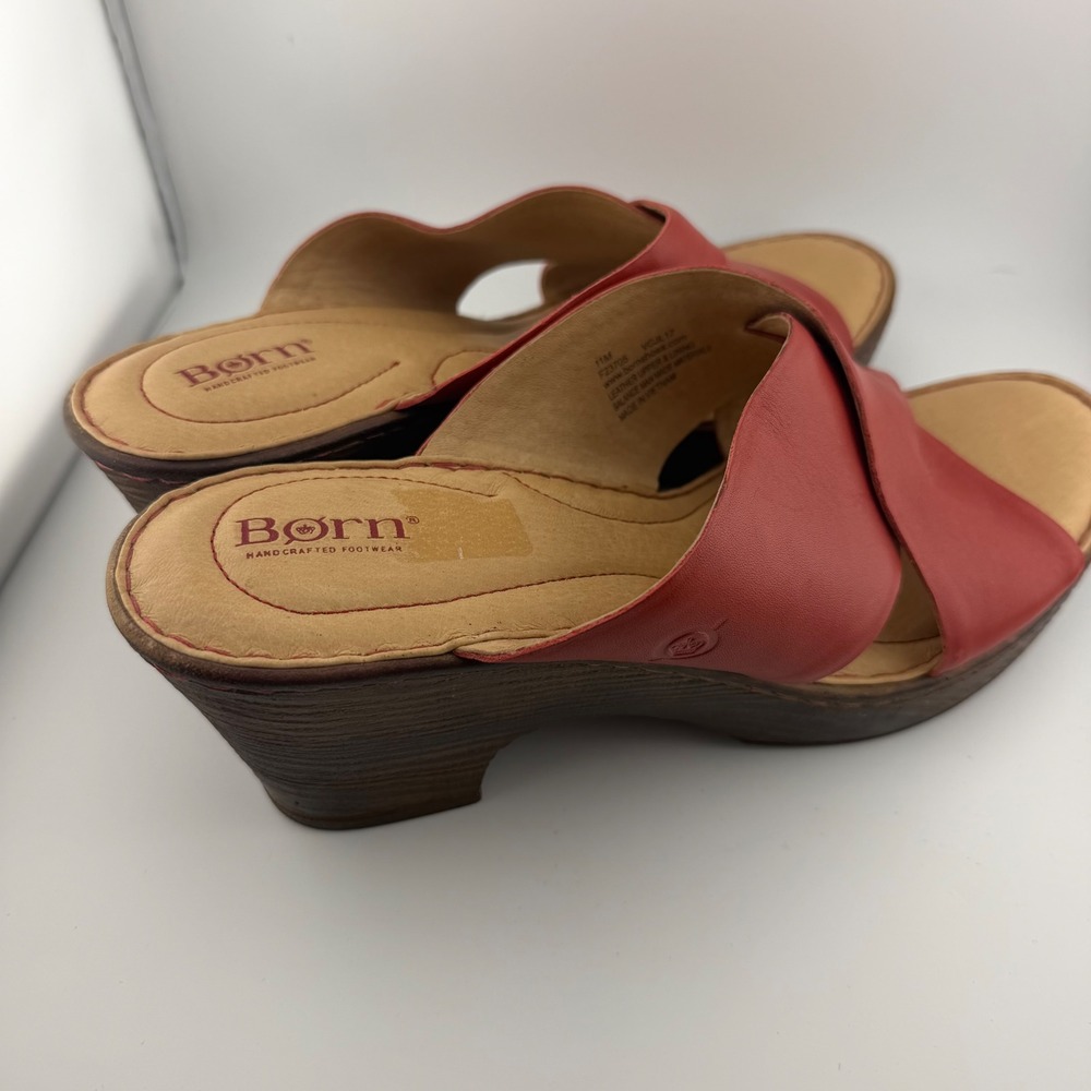 Born Wedge Sandals Women 11M Red Leather Crisscross Slide 3" Heel - Picture 2 of 10